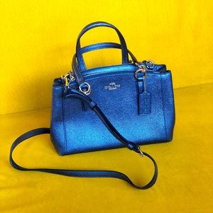 Coach Blue Sparkle Leather Satchel Bag with Detachable Cross Body Strap